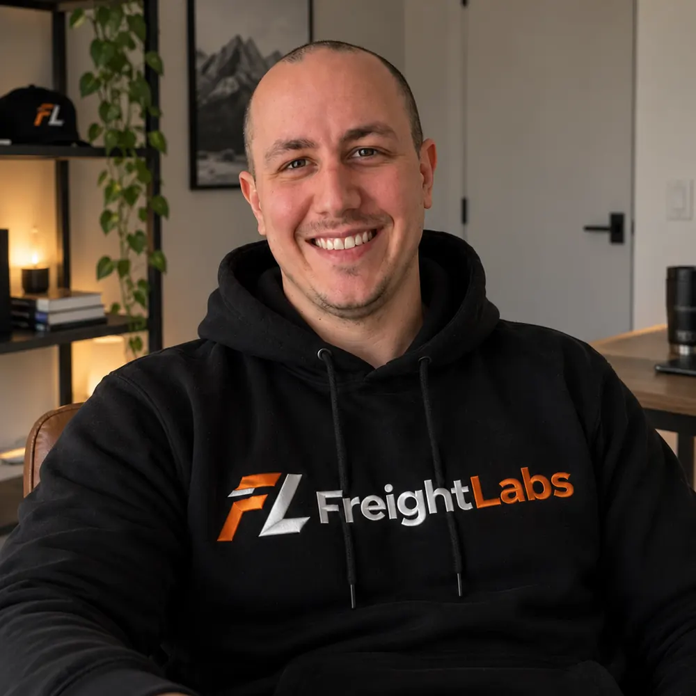 Alex, founder of Freight Labs, wearing a Freight Labs hoodie