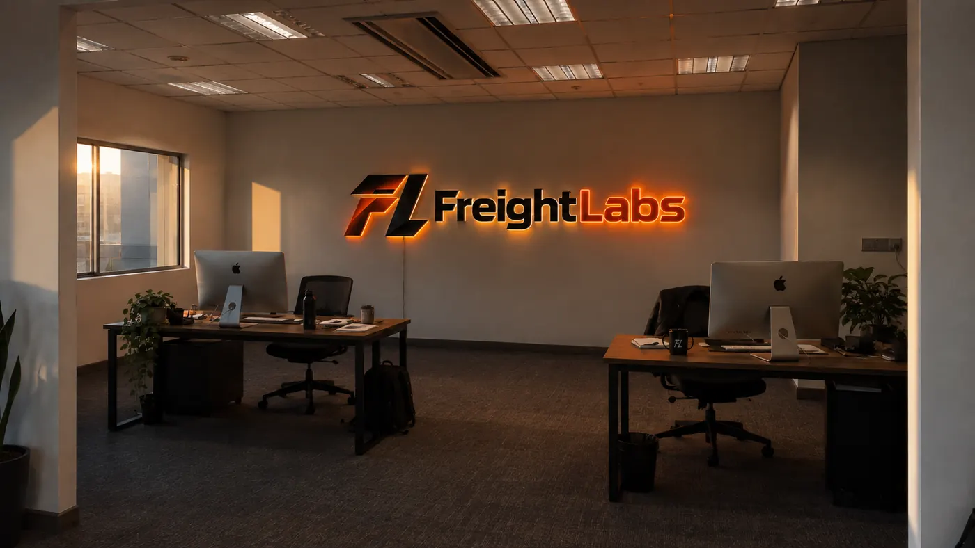 The Freight Labs office with the company logo illuminated above two workstations