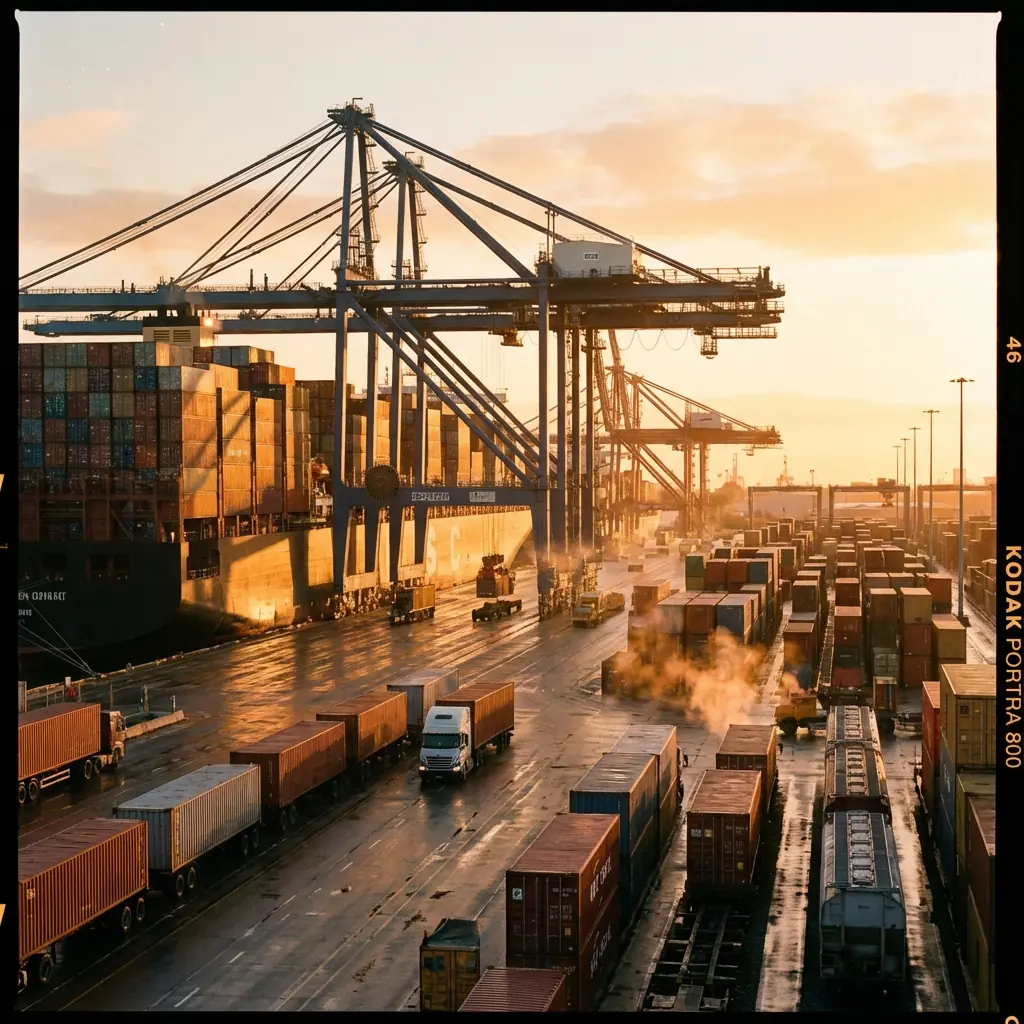 Freight containers and trucks moving through a busy port terminal